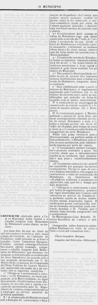  1898 - Contrato para a construção do novo matadouro.In: Jornal O Municipio. op. cit. Anno II, n.° 20. Curityba: 16 de abril de 1898. p.3. 