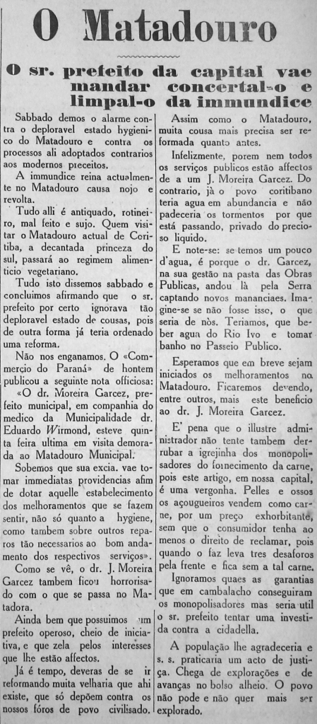 1920, 30 de agosto - O Matadouro. In: Jornal Gazeta do Povo. Anno II, n.° 487. Coritiba: 30 de agosto de 1920. p.1.
